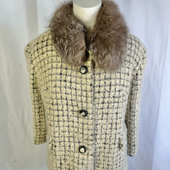 VINTAGE WOOL TWWED TRENCH COAT VINTAGE FUR VOAT CREAM BLACK  PLAID PATTERN S - Picture 8 of 10